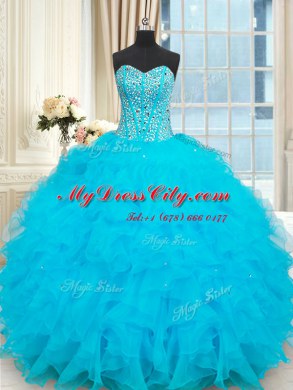 Sumptuous Sweetheart Sleeveless Ball Gown Prom Dress Floor Length Beading and Ruffles Baby Blue Organza