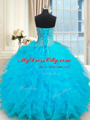 Sumptuous Sweetheart Sleeveless Ball Gown Prom Dress Floor Length Beading and Ruffles Baby Blue Organza