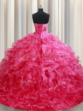 Fashion Sleeveless Organza With Brush Train Lace Up Quinceanera Gown in Hot Pink with Beading and Ruffles