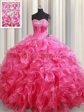 Fashion Sleeveless Organza With Brush Train Lace Up Quinceanera Gown in Hot Pink with Beading and Ruffles