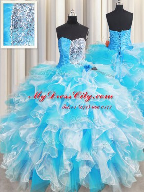 Adorable Blue And White Organza Lace Up Quinceanera Gown Sleeveless Floor Length Ruffles and Sequins