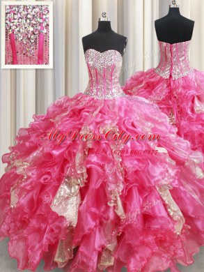 Hot Sale Organza Sweetheart Sleeveless Lace Up Beading and Ruffles and Sequins Sweet 16 Dresses in Hot Pink