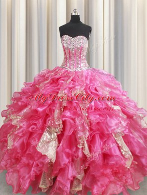 Hot Sale Organza Sweetheart Sleeveless Lace Up Beading and Ruffles and Sequins Sweet 16 Dresses in Hot Pink