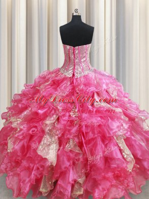 Hot Sale Organza Sweetheart Sleeveless Lace Up Beading and Ruffles and Sequins Sweet 16 Dresses in Hot Pink