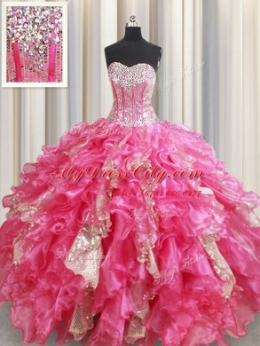 Hot Sale Organza Sweetheart Sleeveless Lace Up Beading and Ruffles and Sequins Sweet 16 Dresses in Hot Pink