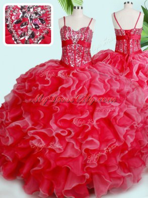 Pretty Red Ball Gowns Organza Spaghetti Straps Sleeveless Beading and Ruffles Floor Length Lace Up 15th Birthday Dress