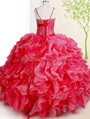 Pretty Red Ball Gowns Organza Spaghetti Straps Sleeveless Beading and Ruffles Floor Length Lace Up 15th Birthday Dress