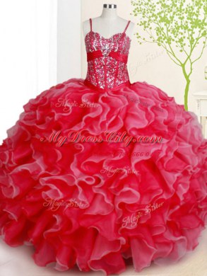 Pretty Red Ball Gowns Organza Spaghetti Straps Sleeveless Beading and Ruffles Floor Length Lace Up 15th Birthday Dress