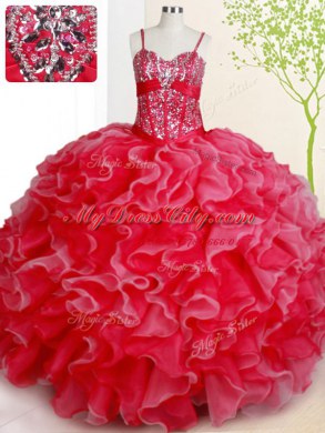 Pretty Red Ball Gowns Organza Spaghetti Straps Sleeveless Beading and Ruffles Floor Length Lace Up 15th Birthday Dress