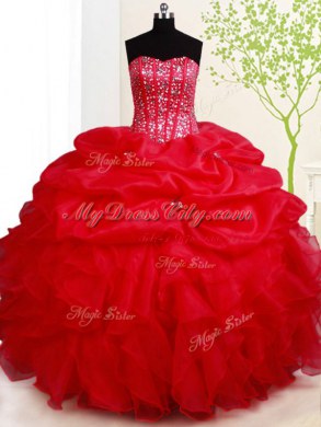 Elegant Floor Length Lace Up Quinceanera Dresses Red for Military Ball and Sweet 16 and Quinceanera with Beading and Ruffles and Pick Ups