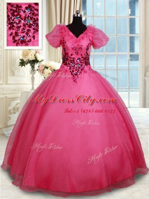 Ball Gowns Quinceanera Dress Coral Red V-neck Organza Short Sleeves Floor Length Lace Up