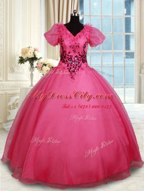 Ball Gowns Quinceanera Dress Coral Red V-neck Organza Short Sleeves Floor Length Lace Up