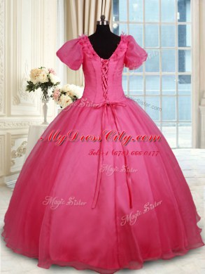 Ball Gowns Quinceanera Dress Coral Red V-neck Organza Short Sleeves Floor Length Lace Up