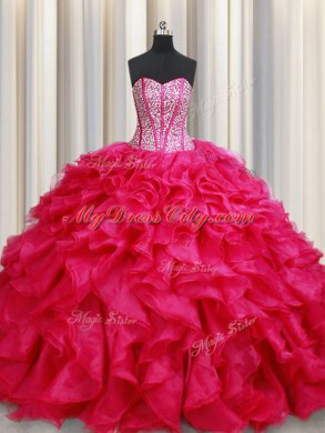 Coral Red Organza Lace Up Sweetheart Sleeveless With Train 15th Birthday Dress Brush Train Beading and Ruffles