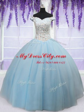 Off the Shoulder Sleeveless Tulle Floor Length Lace Up 15 Quinceanera Dress in Light Blue with Beading