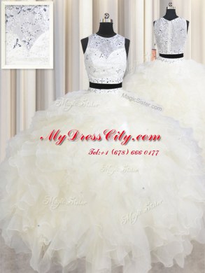 Scoop Sleeveless Lace Up Floor Length Beading and Ruffles Quinceanera Gowns