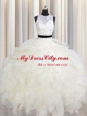 Scoop Sleeveless Lace Up Floor Length Beading and Ruffles Quinceanera Gowns