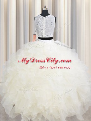 Scoop Sleeveless Lace Up Floor Length Beading and Ruffles Quinceanera Gowns