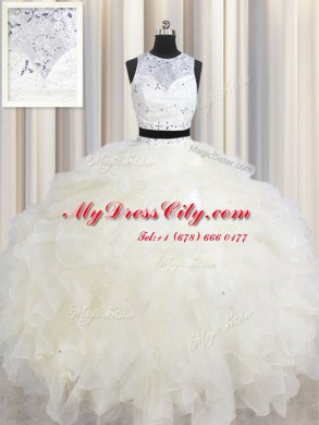 Scoop Sleeveless Lace Up Floor Length Beading and Ruffles Quinceanera Gowns