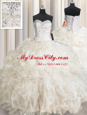 Flare Sleeveless Organza Floor Length Lace Up Vestidos de Quinceanera in Champagne with Beading and Lace and Ruffles