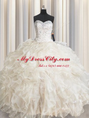 Flare Sleeveless Organza Floor Length Lace Up Vestidos de Quinceanera in Champagne with Beading and Lace and Ruffles