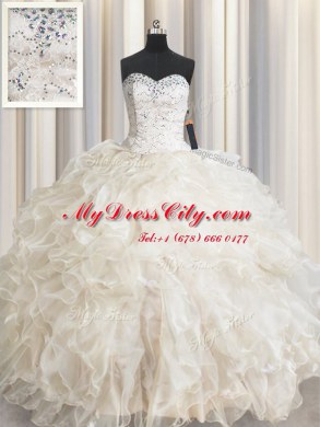 Flare Sleeveless Organza Floor Length Lace Up Vestidos de Quinceanera in Champagne with Beading and Lace and Ruffles