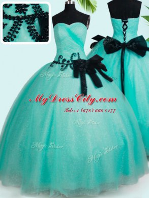 Turquoise Tulle Lace Up Vestidos de Quinceanera Sleeveless Floor Length Beading and Bowknot