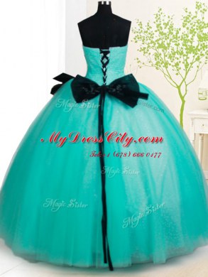 Turquoise Tulle Lace Up Vestidos de Quinceanera Sleeveless Floor Length Beading and Bowknot