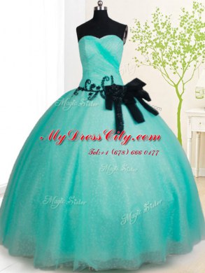 Turquoise Tulle Lace Up Vestidos de Quinceanera Sleeveless Floor Length Beading and Bowknot