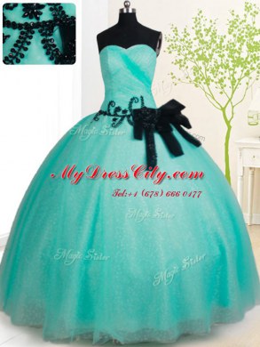 Turquoise Tulle Lace Up Vestidos de Quinceanera Sleeveless Floor Length Beading and Bowknot