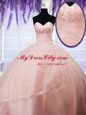 Classical Baby Pink Sleeveless Tulle Lace Up Quinceanera Gowns for Military Ball and Sweet 16 and Quinceanera