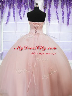 Classical Baby Pink Sleeveless Tulle Lace Up Quinceanera Gowns for Military Ball and Sweet 16 and Quinceanera