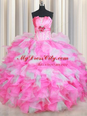 Exceptional Sleeveless Floor Length Beading and Ruffles and Hand Made Flower Lace Up Sweet 16 Quinceanera Dress with Pink And White