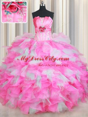 Exceptional Sleeveless Floor Length Beading and Ruffles and Hand Made Flower Lace Up Sweet 16 Quinceanera Dress with Pink And White