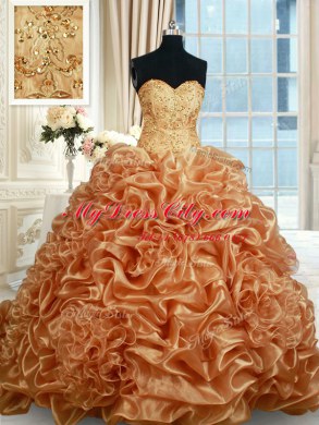 Fashion Champagne Ball Gowns Sweetheart Sleeveless Organza Brush Train Lace Up Beading and Ruffles and Pick Ups Sweet 16 Dresses