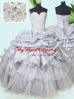 Sweetheart Sleeveless Vestidos de Quinceanera Floor Length Beading and Sequins and Pick Ups Grey Organza and Taffeta