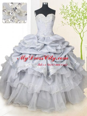 Sweetheart Sleeveless Vestidos de Quinceanera Floor Length Beading and Sequins and Pick Ups Grey Organza and Taffeta