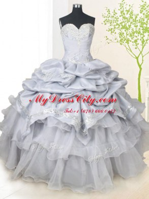 Sweetheart Sleeveless Vestidos de Quinceanera Floor Length Beading and Sequins and Pick Ups Grey Organza and Taffeta