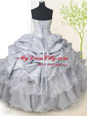 Sweetheart Sleeveless Vestidos de Quinceanera Floor Length Beading and Sequins and Pick Ups Grey Organza and Taffeta