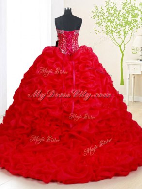 Pick Ups Red Sleeveless Organza Court Train Lace Up Quince Ball Gowns for Military Ball and Sweet 16 and Quinceanera