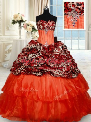 Sweet Sweetheart Sleeveless Sweet 16 Dresses Brush Train Beading Orange Red Organza