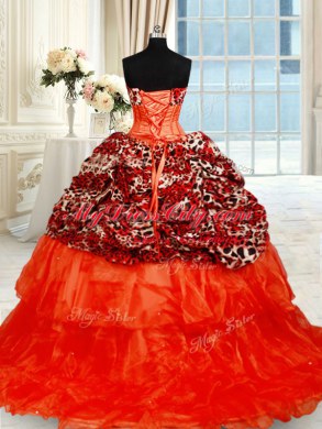 Sweet Sweetheart Sleeveless Sweet 16 Dresses Brush Train Beading Orange Red Organza