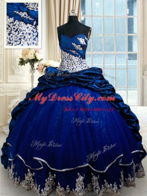 Extravagant Royal Blue Ball Gowns Appliques and Pick Ups Quinceanera Gowns Lace Up Taffeta Sleeveless