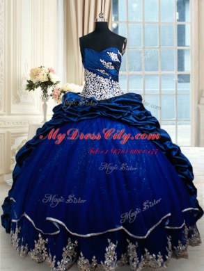 Extravagant Royal Blue Ball Gowns Appliques and Pick Ups Quinceanera Gowns Lace Up Taffeta Sleeveless