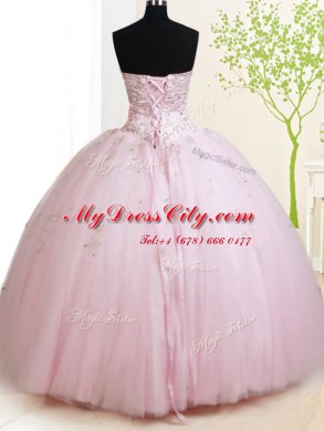 On Sale Baby Pink Tulle Lace Up Sweetheart Sleeveless Floor Length Quinceanera Gowns Beading