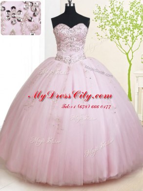 On Sale Baby Pink Tulle Lace Up Sweetheart Sleeveless Floor Length Quinceanera Gowns Beading