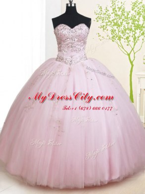 On Sale Baby Pink Tulle Lace Up Sweetheart Sleeveless Floor Length Quinceanera Gowns Beading