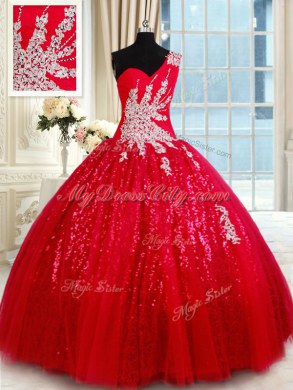 Gorgeous One Shoulder Tulle Sleeveless Floor Length Sweet 16 Quinceanera Dress and Beading and Appliques