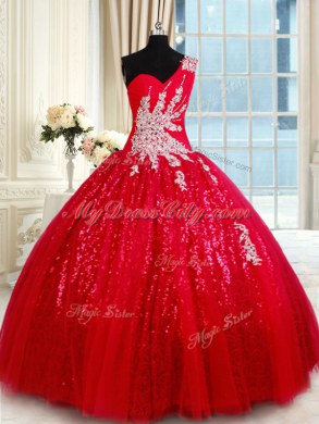 Gorgeous One Shoulder Tulle Sleeveless Floor Length Sweet 16 Quinceanera Dress and Beading and Appliques