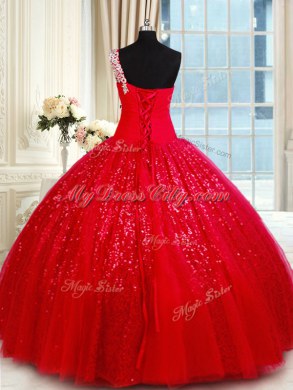 Gorgeous One Shoulder Tulle Sleeveless Floor Length Sweet 16 Quinceanera Dress and Beading and Appliques